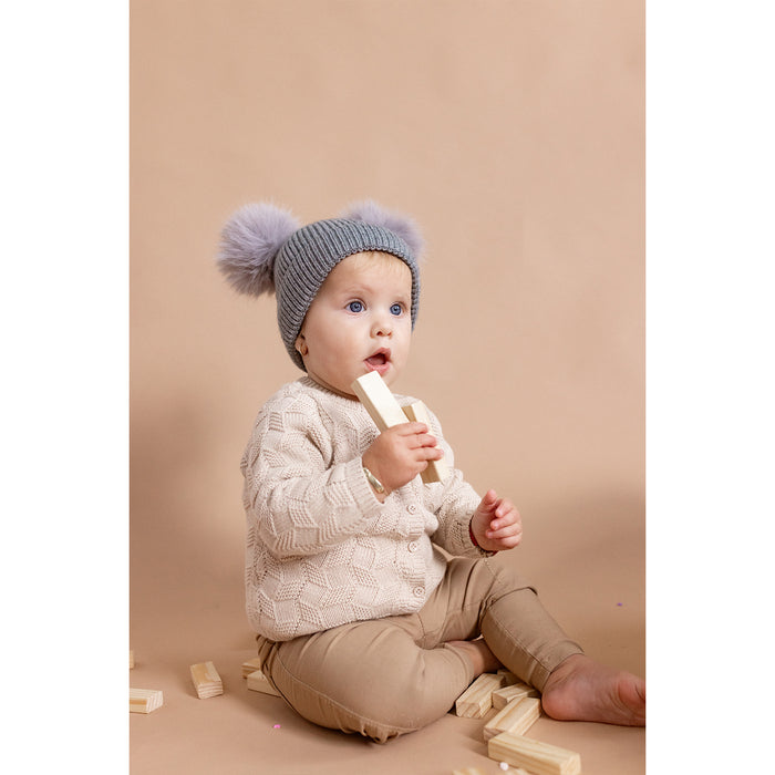 כובע 2 פונפונים סריג  - אפור