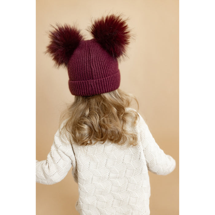 כובע 2 פונפונים סריג  - בורדו