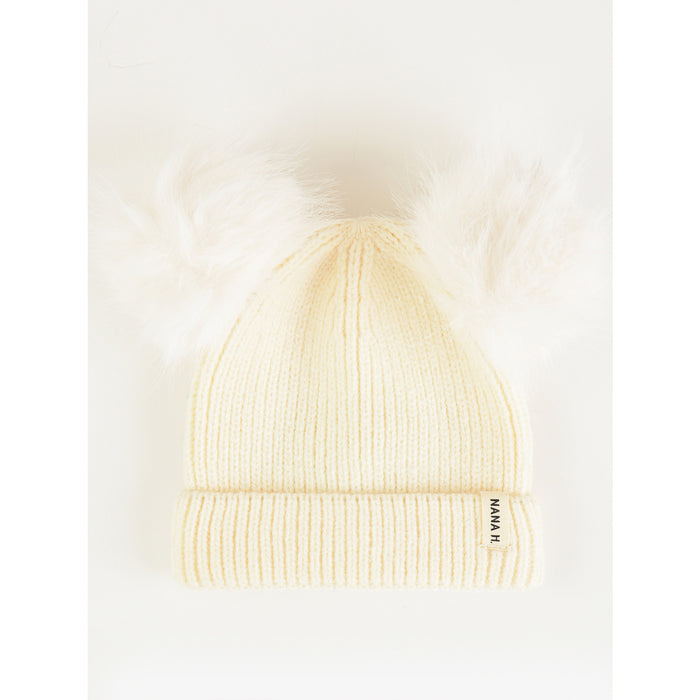 כובע 2 פונפונים סריג  - שמנת