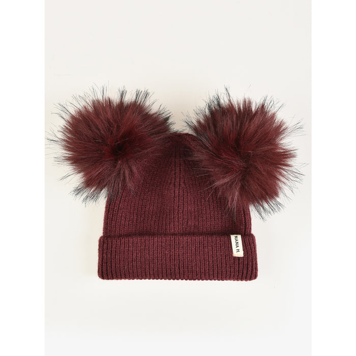 כובע 2 פונפונים סריג  - בורדו