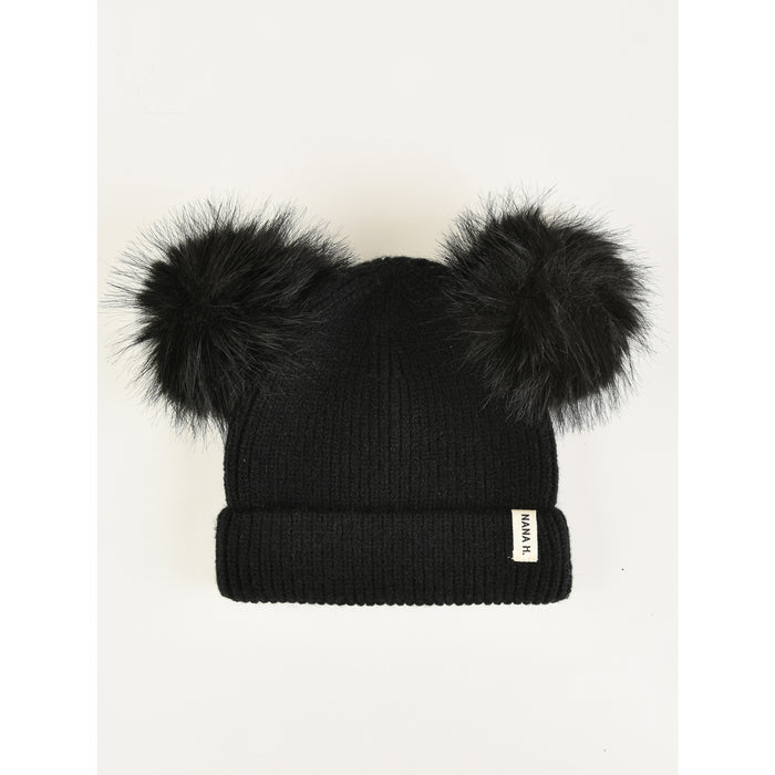 כובע 2 פונפונים סריג  - שחור